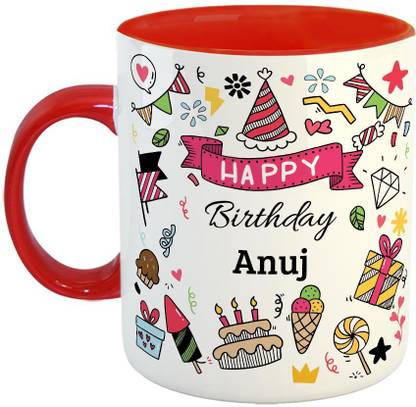 Furnish Fantasy Happy Birthday Ceramic Coffee - Best Birthday Gift for Son, Daughter, Brother, Sister, Gift for Kids, Return Gift - Color - Red, Name - Anuj Ceramic Coffee Mug