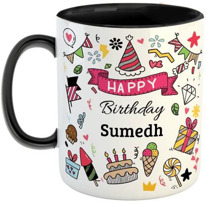 Furnish Fantasy Happy Birthday Ceramic Coffee - Best Birthday Gift for Son, Daughter, Brother, Sister, Gift for Kids, Return Gift - Color - Black, Name - Sumedh Ceramic Coffee Mug