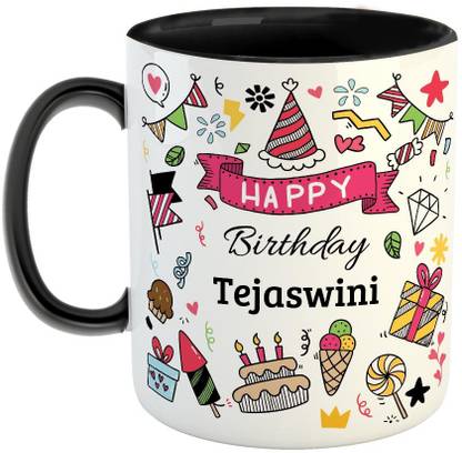 Furnish Fantasy Happy Birthday Ceramic Coffee - Best Birthday Gift for Son, Daughter, Brother, Sister, Gift for Kids, Return Gift - Color - Black, Name - Tejaswini Ceramic Coffee Mug