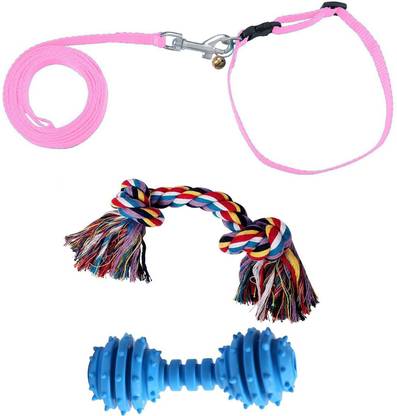 Jainsons Pet Products Nylon Leash and Collar Set, Bell, Cotton Bone and Rubber Dumbbell for Puppies and Small Breed Dogs (Pink) Dog Collar & Leash