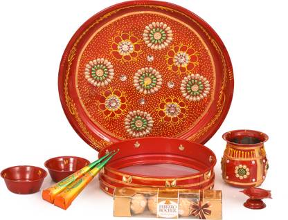 NUTRI MIRACLE Karwachauth Thali Set,Kalash/Lota,Chalni,Mehandi Cone,Bowl,Deepak,Ferrero Rocher For Karwa Chauth Poojan/Gift For Karwchauth For Daughter In Law Stainless Steel