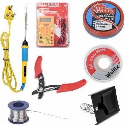 Coin Master 7 in 1kit | Soldering Iron Kit | 1 Pc Digital Multimeter | 1Pc Wire Cutter | Solder wire | Stand | 1 Pc Soldering Paste Flux | 1 Pc Desoldering Wik | 1 Pc Blue Soldering Iron 25 W Simple 25 W Simple
