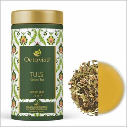 Octavius Tulsi Lemongrass Green Tea Loose Leaf - 75 Gms Detox Tea|Low Caffeine|Natural Blend|Antioxidant Rich |Delicate Taste Lemon Grass Green Tea Tin