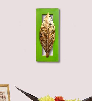 DECORFRY Leaf Frame Wall Hanging Metal Showpiece For Home Décor Green L14 X W1 X H6