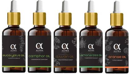Alpha Chemika Essenticals Eucalyptus, Camphor, Ajwain, Lemongrass and Orange Essential Oil, Set of 5 oils Therapeutic Combo, 15ml Each