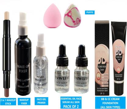 INWISH primer foundation concealer combo makeup fixer with face serum and puff PACK OF 8 SKIN FRIENDLY COMBO FOR ALL SKIN TYPES