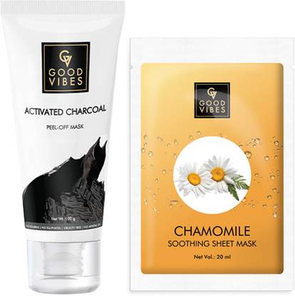 GOOD VIBES Face Masks Combo - Activated Charcoal Peel Off Mask (100 g) & Chamomile Soothing Sheet Mask (20 ml)