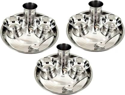 Flipkart SmartBuy Pack of 15 Stainless Steel Stainless Steel Brand of Happiness Stainless Steel Thali Bhojan Set of Dinner Plate, Katori Bowl, Glass, Spoon Stainless Steel Dinner / Lunch Guest Serving Food Decorative Bhojan Thali Dinner Table Suitable All Places And Function Dinner Sets Dinner Set Dinner Set