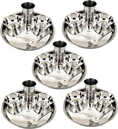 RBGIIT Pack of 25 Steel Brand of Happiness Stainless Steel Thali Bhojan Set of Dinner Plate, Katori Bowl, Glass, Spoon Stainless Steel Dinner / Lunch Guest Serving Food Decorative Bhojan Thali Dinner Table Suitable All Places And Function Dinner Sets Dinner Set