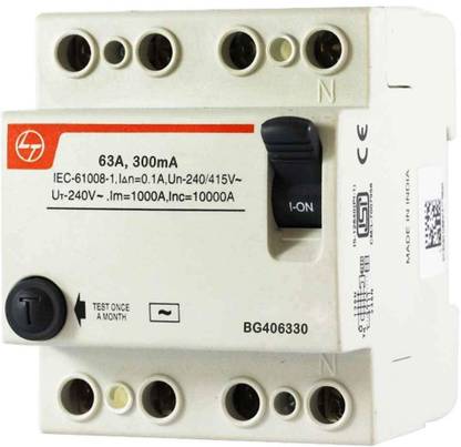 L&T RCCB Four Pole 63 AMP/100mA 240 V Residual Current Circuit Breaker ISI Mark MCB (Brown) BG406330 MCB