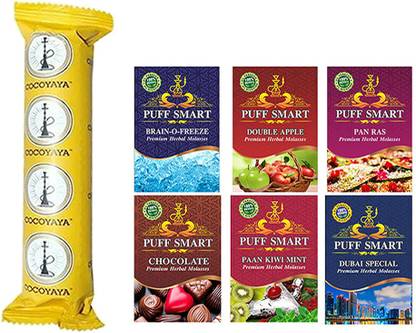 Puff Smart Hookah Herbal Flavors Brain-o-Freeze, Double Apple, Pan Ras, Chocolate, Paan Kiwi Mint, Dubai Special With 1 Polo Cocoyaya Quick Light Charcoal ( 10 disk) Hookah Charcoals