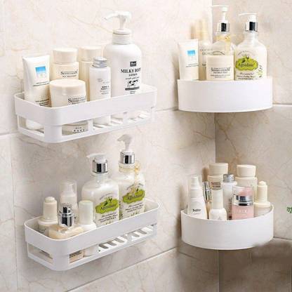 DAITORY Pack Of 4 ABS Plastic Hanging Multipurpose Home Kitchen Bathroom Accessories Sets Traceless Wall Holder Decor Items Storage Shower Rack Corner Shelf Basket with Strong Adhesive Sticker (2 Bathroom Shelves + 2 Corner Shelf Rack) Plastic Bathroom Set