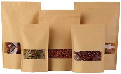 PacKreate Kraft Standup Pouch with window ||Brown Kraft Paper Food Graded Standup Pouch with Zipper & Matt Window ( 100 MM x 150 MM ) Paper Storage Pouch