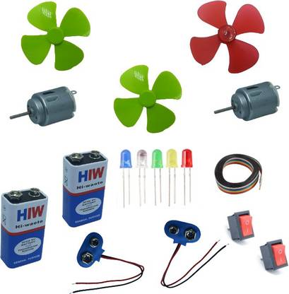 Deep trading 3-6V Motors, 9v battery, 5 colour led, switches, Fan blades, ribbon wire, Battery snaps --Total 16 pieces Multicolour Electronic Components Electronic Hobby Kit
