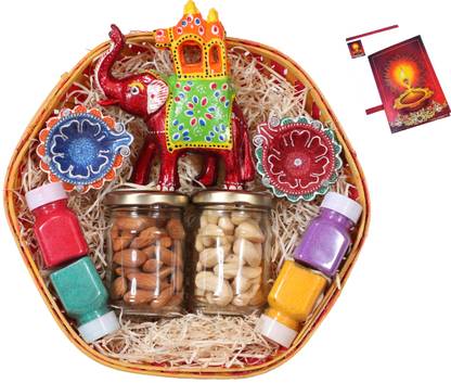 MANTOUSS Diwali Gift hampers with Dry Fruits/Dry Fruits Combo Pack/Dry fruits gift pack-Decorated Basket+2 Jars of Dry Fruits(Almond and Cashew)+handmade diary+Ambawadi elephant+4 Rangoli Colours+Diwali Card Assorted Gift Box