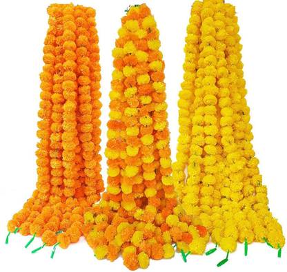 PRIDE STORE Marigold Fluffy Flowers Garlands for Decoration - Pack of 15 and 5 ft long Plastic and thread Garland