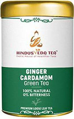 HINDUSVEDA TEA :Ginger Tea With Cardamom Green Tea (50 G-25 Cups)| Whole Green Tea For Weight Loss | Premium Loose Leaf Tea | Blend Of Ginger Cardamom Tea Helps With Digestion, Boost Mood And Prevent Cold And Cough| Cardamom, Ginger Green Tea Tin