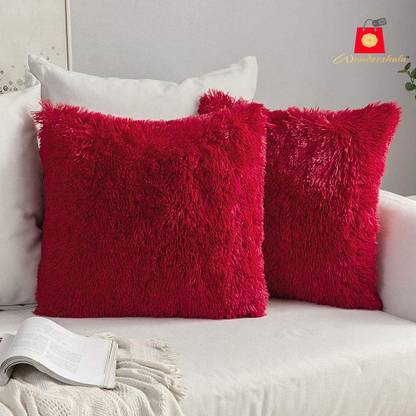 Wondershala Red cushions fur pillow sofa cushions Microfibre Solid Cushion Pack of 2