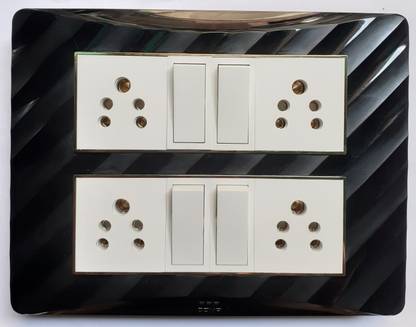 Cona Smyle MODULAR PLATE SIZE-12M ( COLOR -BLACK ) WITH 4 MODULAR SWITCH 6A ( 1 WAY ) & 4 MODULAR SOCKET 6A 5 PIN ATTACHED | HEAVY DUTY POLYCARBONTE PRODUCTS| COMPLETE SET OF 1| Wall Plate
