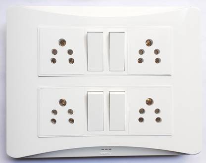 Cona Smyle MODULAR PLATE SIZE-12M ( COLOR-WHITE) WITH 4 MODULAR SWITCH 6A ( 1 WAY ) & 4 MODULAR SOCKET 6A 5 PIN ATTACHED | HEAVY DUTY POLYCARBONATE PRODUCTS | COMPLETE SET OF 1| Wall Plate