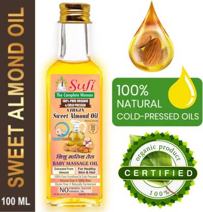 SUFI THE COMPLETE WOMAN Organic ! 100% Pure & Cold Press ! Virgin Sweet Almond Baby Massage Oil. Natural almond body massage oil is used to massage your little ones strengthens the bones, and boosts weakness and sickness. Almond massage oil babies made from unsaturated fats, nutrients, supplements, and required ingredients take care of the child's dry skin. Also, keep sound and sparkling skin every time.It is also the best for the child's body parts (from top-to-toe) that keeps the skin secure from unsafe microbes,etc.