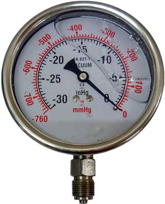 "Ji" Japsin Instrumentation Glycerin Filled Vacuum Gauge 2 1/2" Dial, Range -760 mmHg to 0 With Dual Scale of -30 inHg to 0, Direct Bottom 1/4" BSP (M) Connection Dial Indicator