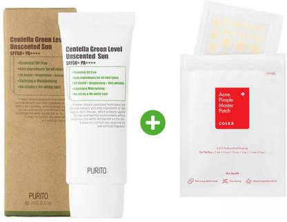 Purito Sunscreen - SPF 50 PA++++ Centella Green Level Unscented Sun SPF 50+++ PA++++ 60ml With Acne Pimple Master Patch
