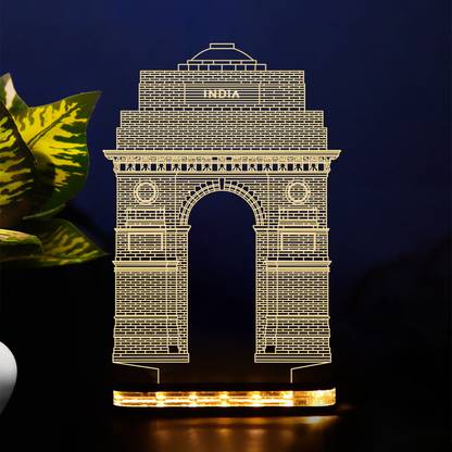 StarLaser India gate 3D Acrylic Night lamp for Home Decor Light and Gifts Warm White Light with 12v 1 amp Power Adapter ( Wooden Base ) Table Lamp