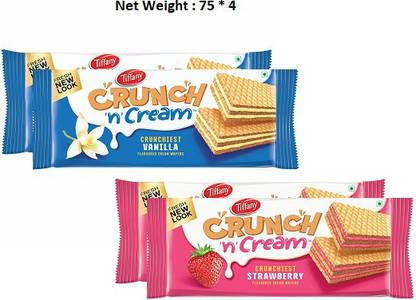 Tiffany Crunch n Cream Wafer - Vanilla And Strberry Flavour - 75g(Pack of 4)(Imported) Waffles