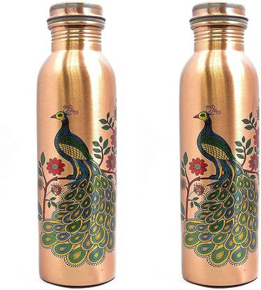 GOLDEN VALLEY Printed Copper Bottle for 1 Liter with Peacock Print Set of 2 Combo 1000 ml Bottle