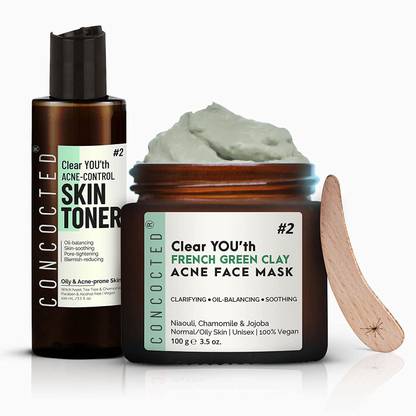 CONCOCTED Clear YOU'th Acne & Oil Control Combo | French Green Clay Mask 100g + Alcohol-free Skin & Face Toner 100mL | For Oily/Sensitive Skin | Oil-pulling | Pore Clearing