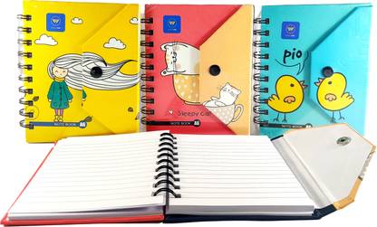 Malobi Button note book, Spiral bound set of 3 cute A6 size note books A6 Notebook Ruled 200 Pages