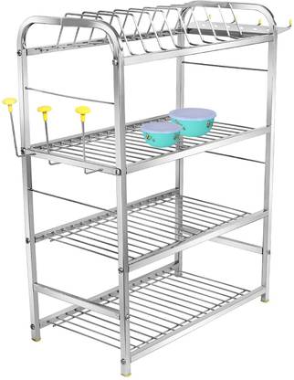 UMAR DECOR Utensil Kitchen Rack Steel 4 Shelf Dish Rack Modular Kitchen Rack Storage Basket bartan rakhne wala stand