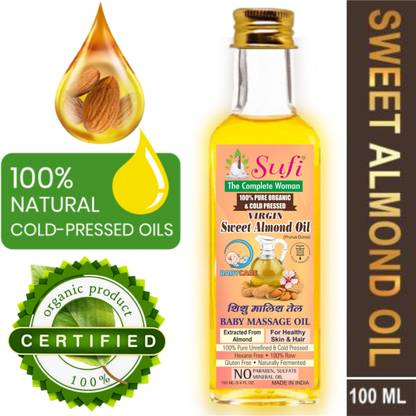 sufi 100% Pure & Cold Press ! Organic ! Virgin Sweet Almond Baby Massage Oil. Natural almond body massage oil is used to massage your little ones strengthens the bones, and boosts weakness and sickness. Almond massage oil babies made from unsaturated fats, nutrients, supplements, and required ingredients take care of the child's dry skin. Also, keep sound and sparkling skin every time. It is also the best for the child's body parts (from top-to-toe) that keeps the skin secure from unsafe microbes, etc.