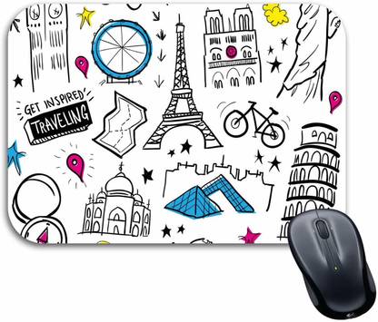 ZORI Travel Wonders of World Sketch Gaming Mouse Pad - Computer Laptop PC| Work from Home/Office | Anti-Skid, Anti-Slip, Rubber Base | (Travel_01_Wonders_Sketch) Non Slip Base Mousepad