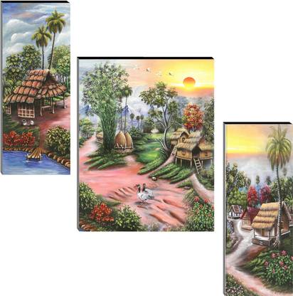 Indianara Set of 3 Village Art MDF Art Painting (3727FL) without glass (4.5 X 12, 9 X 12, 4.5 X 12 INCH) Digital Reprint 12 inch x 18 inch Painting