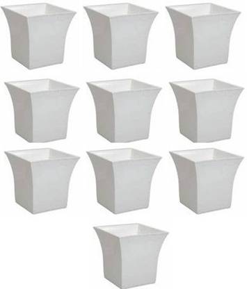 Chhaya Square White Plastic Flower Pot (4 inch ) Decorative Beautiful & Colorful Table top Planter Small pots Pack of 10 Plant Container Set