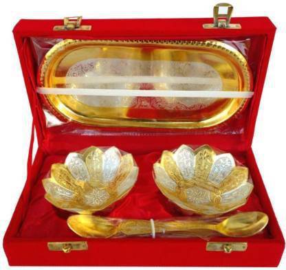 Finch Feather Saffron Lotus Brass Set of 2 Bowl|2 Spoon|1 Tray Bowl, Spoon, Tray Serving Set