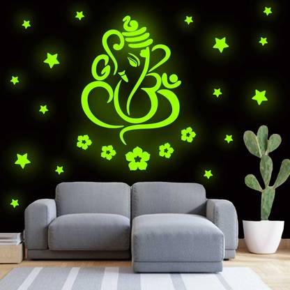 Ashamohar 29 cm Ganesha Ji Wall Stickers for Home Decoration for Hall, Pooja Room Temple Contain Wall Sticke Waterproof Wall Sticker PVC Self Adhesive Night Glow for Home, Office Glow in the Dark Sticker