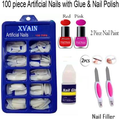 XVAIN Artificial nails for Girls with 2 nail polish and 1 piece nail filler, 100 Pcs Reusable Acrylic False Nails With Nail Glue and 2 piece Nail Filler For Women's & Girls White (Pack of 100) WITH DIFFERENT SHAPES AND STYLES WHITE White