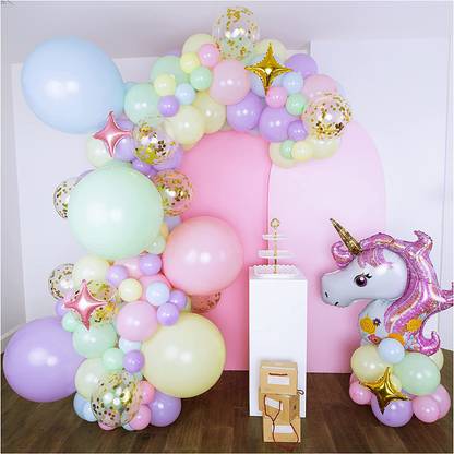 Bash N Splash Solid Unicorn Multicolored Pastel Balloon Garland with jumbo size pastel balloon Party Decoration Pack With confetti & Star balloon with Arch Strip & Glue Dots(Pack of 157) Balloon