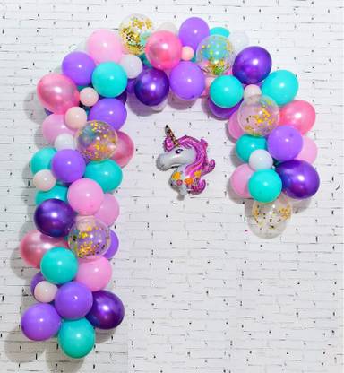 Bash N Splash Solid Unicorn Pink Purple & Sky Blue Balloon Garland Party Decoration Pack With confetti balloon with Arch Strip & Glue Dots(Pack of 113) Balloon