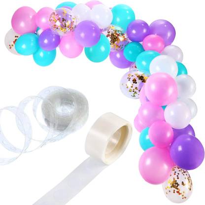 Bash N Splash Solid Pink Purple White & Sky Blue Balloon Garland Party Decoration Pack With confetti balloon with Arch Strip & Glue Dots(Pack of 112) Balloon