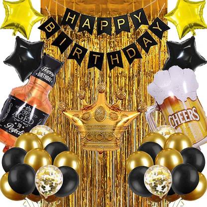 decokart Happy Birthday Banner Decoration Kit - 38Pcs Set for Boys Husband Balloons Decorations Items Combo with Cheers Mug Foil Balloon Crown Foil, Age Perfect, Metallic Balloons With Foil Curtain