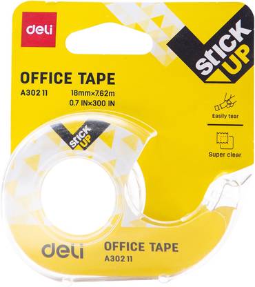 Deli Single Sided Tape with Dispenser Non Toxic Low Odur Sleek Design Strong Adhesive for Sticking, Fixing, Sealing and Correction & Strength Bonding Between Any Surface - Cardboard, Wood, Glass, Metal, Paper, Sheets, Plastic, Easy to Peel Liner and Stick, 18mm (1roll/blister) (Manual)