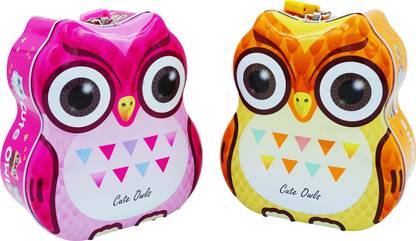 Johnnie Boy Cute OWL metal lid piggy bank 3D cartoon character storage boxes with lock ( combo yellow and pink ) Coin Bank