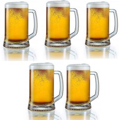 TREE LINIEN (Pack of 6) Luxury Crystaline Touch Beer Mug Classic Design Transparent Mug with Glass Handle for Multipurpose Drink 400 ml (Set of 6 pcs) Glass Set Beer Mug