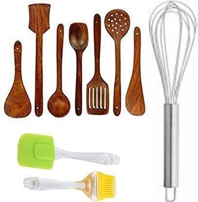 NOHUNT Wooden Handmade Kitchen Cooking Spatule Non Stick Serving Set of 7,|2 Frying|1 Serving|1 Spatula|1 Chapati Spoon|1 Desert|1 Rice ,Spatula for Cooking, Sleek, Sold and Non-Stick Cookware for Home Use and Kitchen Décor With Stainless Steel Wire Hand Whisk/ Blender for Cooking, Blending, Whisking, Beating, Stirring (Silver), Medium | Silicone Spatula and Brush Set for Pastry, Cake Mixer, Decorating, Cooking, Baking, Silicone Spatula and Pastry Brush Set (Multicolour) Kitchen Tool Set