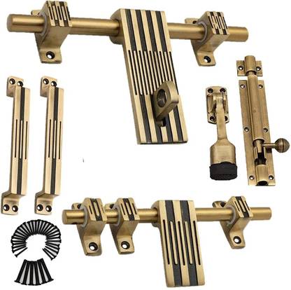 Goldstores 10 inches Aluminium Door Fittings Full Set | Door Hardware Accessories Kit, Brass Antique Finish | 1 Aldrop, 1 Latch, 1 Stopper, 1 Tower Bolt, 2 Handles (Line) Visit the Atom Store Aluminium Door Handle