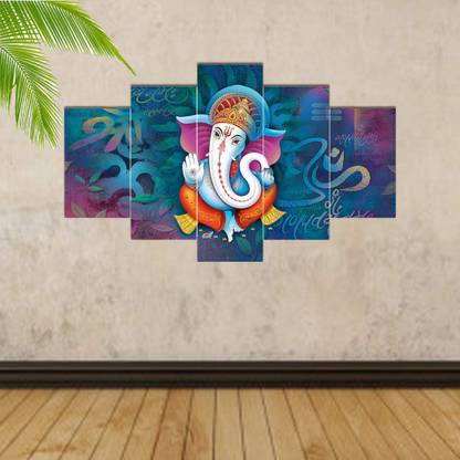 Masstone Lord Ganesha Blessing Religious 5 Panel MDF Painting Digital Reprint 17 inch x 30 inch Painting